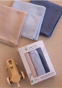 Resim Çok Amaçlı Müslin Örtü & Battaniye 3'lü Set Pamuk Oeko-teks Sertifikalı 80x80 Cm Bebe Mavi 