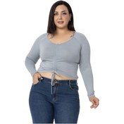 Resim Büyük Beden Önden Tünel Büzgülü Uzun Kollu Viskon Gri Bluz-gri Gri 