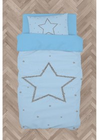 Resim Mekta Home Bebek Ve Çocuk Odası Büyük Gri Yıldız Desenli Mavi Nevresim Takımı 