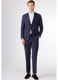 Resim Dufy Lacivert Düz Renk Yünlü Slim Fit Erkek Takım Elbise Lacivert 