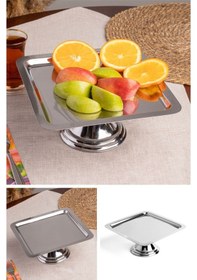 Resim Gümüş Kare, Ayaklı Şık Kek, Pasta, Kurabiye Ve Tatlı Servis Sunum Standı Gümüş 