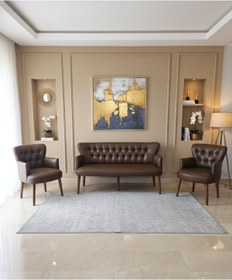 Resim Azra Mobilya Acı Kahve Deri Chester Tarz Koltuk Takımı Modern Tasarım Dayanıklı Ahşap Ayaklı Oturma Grubu (3+1+1) 