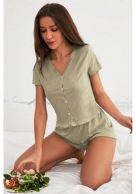Resim Suadela Giyim Viskon Mint Yeşili Düğme Detaylı Kısa Kollu Şort Ta 001 