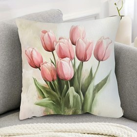 Resim 1 adet Vintage Pembe Lale Buketi Yastık Kılıfı 45.72x45.72cm - Yumuşak Kısa Peluş, Çift Taraflı Baskı Fermuarlı Kapatma, Makinede Yıkanabilir - Koltuk & Yatak Dekoru için İdeal, İçlik Dahil Değil, Koltuk Yastıkları 