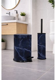 Resim Lacivert Mermer Desenli 2'li Banyo Seti - Metal Çöp Kovası 3 Lt Ve Wc Fırçası Takımı Lacivert 
