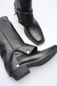 Resim Mubiano Kadın Deri Kovboy Çizme Küt Burunlu Körüklü Siyah Texara 