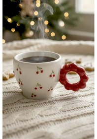 Resim Rivaistanbul Kiraz Amore El Yapımı Yılbaşı Hediyesi Seramik Double Kahve Fincanı, Mug, Kupa Kırmızı 