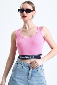 Resim LookTrendy Kadın Pembe Beli Şerit Lastikli Spor Fitilli Crop Atlet 