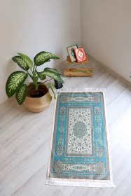 Resim Turkuaz Renkli Ipeksi Keseli Seccade Seti S1001 Yeşil Mavi 