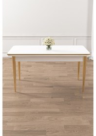 Resim Canisa Rewa Serisi 70x110 Sabit Beyaz Gold Detay Masa Takımı Ve 4 Siyah Sandalye Masa Beyaz Sandalye Siyah Ayak Gold 