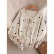 Resim Kadınlar İçin Yumuşak Pembe Kazak - Ön Bağcıklı Pastel Pembe Kardigan, Kalp Desenli Uzun Boy Bluz, Sonbahar/Kış Katmanlı Şık ve Rahat Kazak, Günlük Resmi Giyim için Sevimli Kazaklar, Kadın Tarzı, Kaliteli Dikiş, Moda Üst Giysi, Nefes Alabilen Malzeme, Trend Örgü, Sonbahar Gardırop 