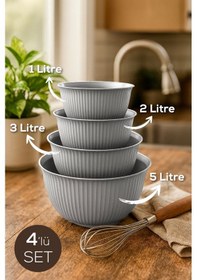 Resim 4'lü Mega Boy Plastik Karıştırma Ve Saklama Kase Seti 1l, 2l, 3l, 5l Gri Gri 