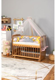 Resim Ahşap Beşik Anne Yanı Beşik Vernikli 60x120 - Pembe Sarı Örgü Uyku Seti Seti + Yatak Ahşap 