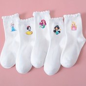 Resim 5 çift Disney prenses baskılı çocuk çorabı, rahat ve nefes alabilir, beyaz sevimli, basit ve çok yönlü bebek kız çorapları, tüm mevsimler için uygun, ev, parti, spor, seyahat ve günlük kıyafetler için mükemmel, Çocuk Ayakkabısı,Sevimli Çoraplar,Prenses Tasarımı,Nefes Alabilen Kumaş,Dayanıklı Dikiş 