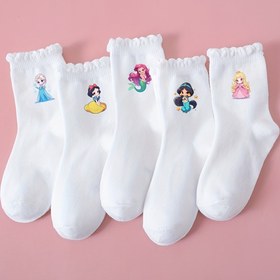 Resim 5 çift Disney prenses baskılı çocuk çorabı, rahat ve nefes alabilir, beyaz sevimli, basit ve çok yönlü bebek kız çorapları, tüm mevsimler için uygun, ev, parti, spor, seyahat ve günlük kıyafetler için mükemmel, Çocuk Ayakkabısı,Sevimli Çoraplar,Prenses Tasarımı,Nefes Alabilen Kumaş,Dayanıklı Dikiş 