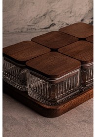 Resim Snippy Bella Kare 6'lı Vakumlu Kapaklı Tepsili Cam Kahvaltılık Ahşap - Şeffaf 