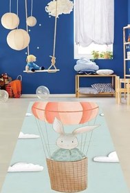 Resim Pelangi Uçan Balonda Tavşancık Bohem Tarz Minimal Yıkanabilir Kaymaz Taban Leke Tutmaz Çocuk Odası Halısık, Mavi-Pembe 80 x 150 