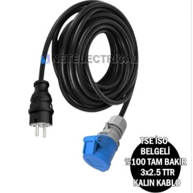 Resim Tekne ve Karavan Enerji Besleme Kablosu 22 Metre | IP44 Kauçuk Düz Fiş + 3X16A Uzatma Priz | Siyah Kalın Kablo 