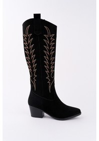 Resim Muggo Texas Sivri Burun Nakışlı Kalın Topuklu Kadın Kovboy Western Çizme Sıyah Suet 