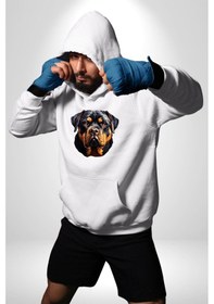 Resim Rottweiler Kafası Kadın Erkek Beyaz Kapüşonlu Sweatshirt Hoodie Beyaz 