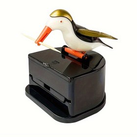 Resim Çekici Ağaçkakan Otomatik Kürdan Dağıtıcı - Kolay Bas & Pop-Up, Dayanıklı ABS Reçine, Siyah Taban Beyaz & Altın Kuş Tasarımı ile Ev & Restoran Kullanımı için, Kürdan Tutucu 