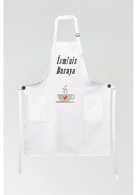 Resim Mutfak Önlüğü Kişiye Ve İsme Özel Nakışlı Mutfak Önlüğü Kalpli Kupa Farklı Renkler Beyaz 