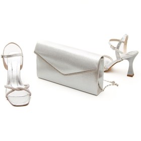 Resim mermaid shoes Kadın Gümüş Taş İşlemeli Şık Ayakkabı Ve Çanta Takımı 