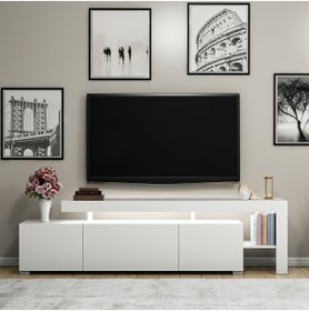 Resim İNARCH DİZAYN Beliz Led Işıklı Tv Ünitesi, Tv Sehpası, Raflı - Beyaz 