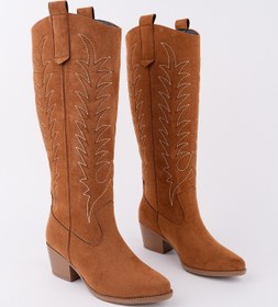Resim Muggo TEXAS Sivri Burun Nakışlı Kalın Topuklu Kadın Kovboy Western Çizme 