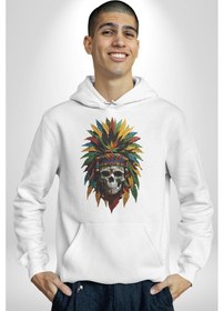 Resim Kurukafa İskelet Kızılderili Tüy Kartal Şefi Kadın Erkek Beyaz Kapüşonlu Sweatshirt Hoodie Beyaz 