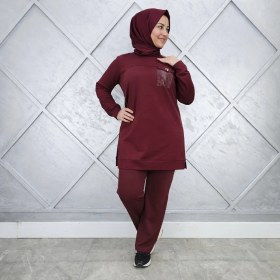 Resim Esra Butik Bordo Taş Detaylı Tesettür Tunik Pantolon Ikili Takım - Günlük Spor Şık Kombin 