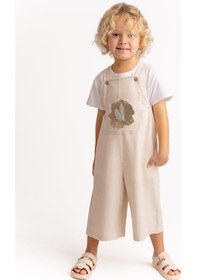 Resim Oliven The Kid Unisex Tüğ Nakışlı Keten Salopet Naturel Naturel Bej 