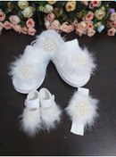 Resim SÜSLÜTASARIM Tüylü Incili Lohusa Terlik Ve Taç Bebek Patik Ve Bandana Seti 