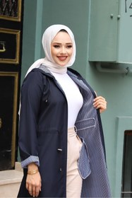 Resim Marjinal City Lacivert İçi Çizgili Ve Kapüşonlu Su Geçirmez Kadın Trençkot 