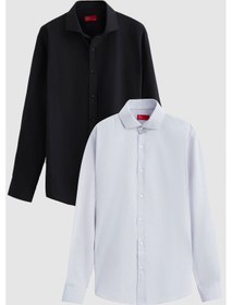 Resim Ds Damat Slim Fit Siyah/gri İtalyan Yaka Kolay Ütülenebilir 2'li Gömlek 2hf02ortbn85 Siyah/gri 
