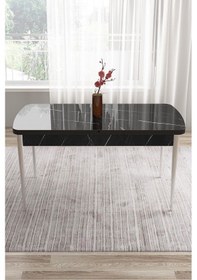 Resim Canisa Tia Serisi 80x132 Açılabilir Mdf Beyaz Gold Detay Masa Takımı Ve 6 Lacivert Sandalye Masa Beyaz Sandalye Lacivert 