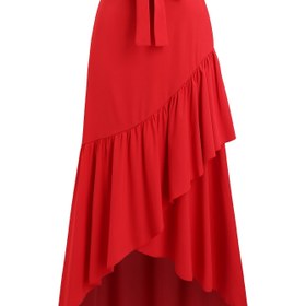 Resim Kadınlar için Şık Kırmızı Elastik Bel Etek Fırfır Detaylı - Polyester, Esnemez, Makinede Yıkanabilir, Yaz Modası için Mükemmel, Maksi Etek 