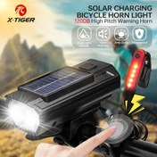 Resim X-TIGER Güneş Enerjili Bisiklet Işık Seti, Çan ile, 120dB Şarj Edilebilir LED Ön ve Arka Işık, Su Geçirmez, Anti-Parlama, Çift Aydınlatma Kaynağı, ABS Malzeme, Dağ ve Yol Bisikletleri için Direksiyon Montajlı, Bisiklet Aksesuarı 