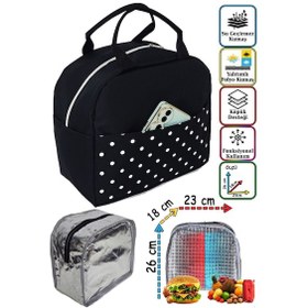 Resim Anne Bebek Çocuk İçin Isı Yalıtımlı Termal Termoslu Yemek, Mama, Beslenme, Gıda Çantası Siyah Puantiye 