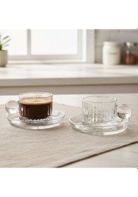 Resim Elysia Desen Cam 6 Kişilik Tabaklı Duble Türk Kahvesi Espresso Fincan Seti 6 X 100 Ml Şeffaf 