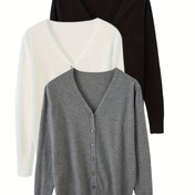 Resim 3 adet Kadın V-Yaka Hırka Seti - Uzun Kollu, Düğmeli, Düz Renk, Hafif ve Sıcak, Sonbahar/Kış için Mükemmel, Günlük Giyim, Günlük Giyim|Vyaka Hırka|Düğmeli Hırka, Kadınlar için Hırka, Kadınlar için Sonbahar Giyim, Kadınlar için Kış Giyim 