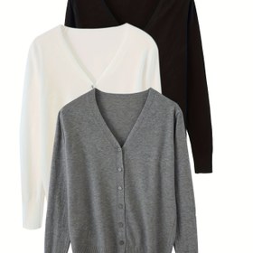 Resim 3 adet Kadın V-Yaka Hırka Seti - Uzun Kollu, Düğmeli, Düz Renk, Hafif ve Sıcak, Sonbahar/Kış için Mükemmel, Günlük Giyim, Günlük Giyim|Vyaka Hırka|Düğmeli Hırka, Kadınlar için Hırka, Kadınlar için Sonbahar Giyim, Kadınlar için Kış Giyim 