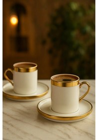 Resim 2 Kişilik Porselen Lüks Platin Kaplama Kahve Fincan Takımı Seti 100ml Altın - Beyaz 