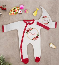 Resim Bk Kids Kişiye Özel Çiçek Tasarımlı Kırmızı Tulum Zıbın Ve Kukuletalı Şapka Seti-9 Çok Renkli 