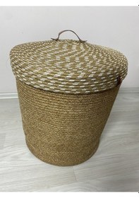 Resim Mavaux Büyük Boy Kapaklı Jüt Hasır Çamaşır Sepeti Kırçınlı 