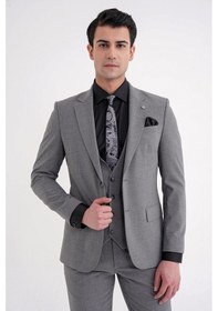 Resim Efor Slim Fit Çift Yırtmaç Ekoseli Esnek Yünlü Yelekli Klasik Füme Takım Elbise Tk 934 Füme 