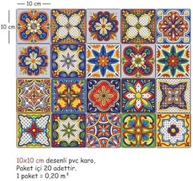 Resim Tink Kendinden Yapışkanlı Karnaval Desenli Pvc Karo, Yapışkanlı Fayans Kaplama, Fayans Çıkartması, Zemin Duvar Karosu 20x20 cm (6 Adet/0,24 m2) 