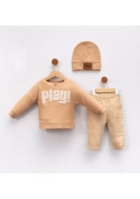 Resim Bebicix Bereli Likralı Play Nakışlı Kanvars Pantolon 3lü Erkek Bebek Bej 