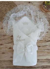 Resim Yenidoğan Sahra Taç Benim Prensesim Nakışlı Kundak Bebek Battaniyesi Ekru Ekru 