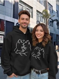 Resim Sevgili Kombini Oversize Hoodie – Aşk Kedi Baskılı 3 İplik Unisex Sweatshirt 2'li Set Siyah 